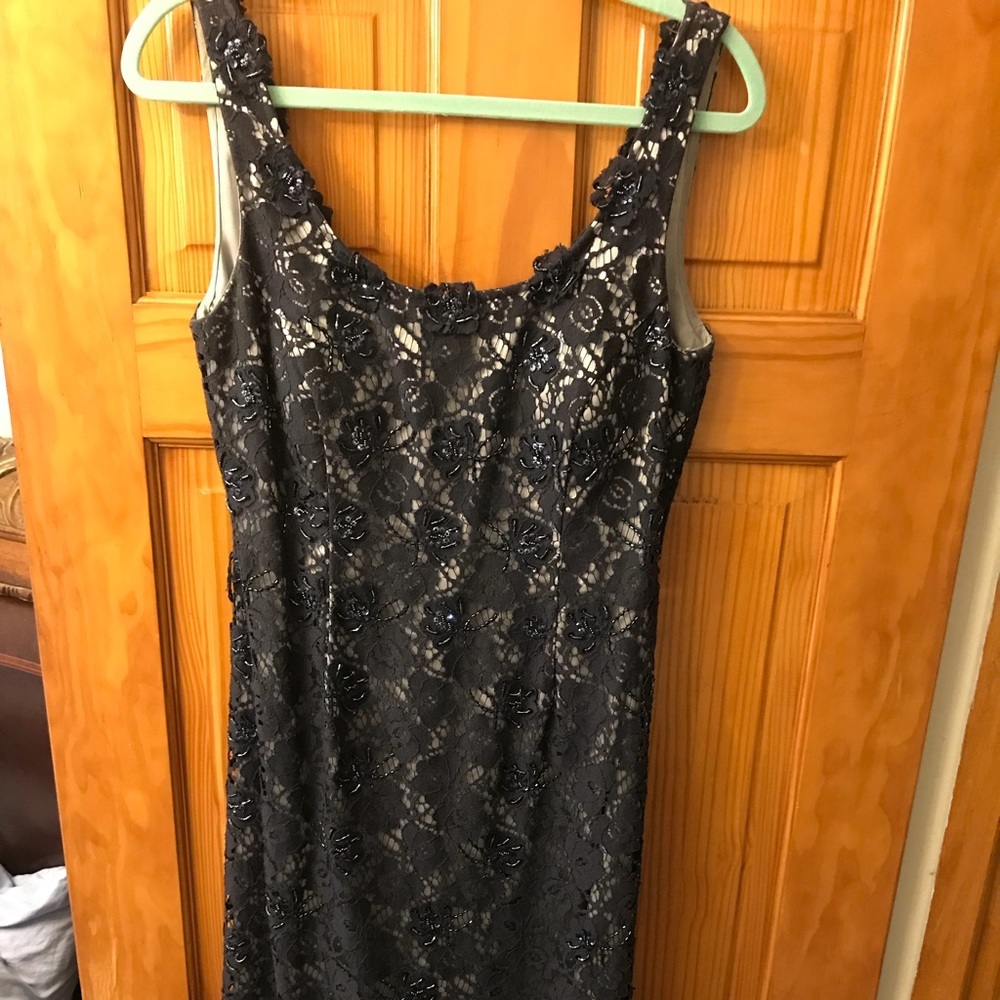Beautiful navy blue lace dress / silver underlay